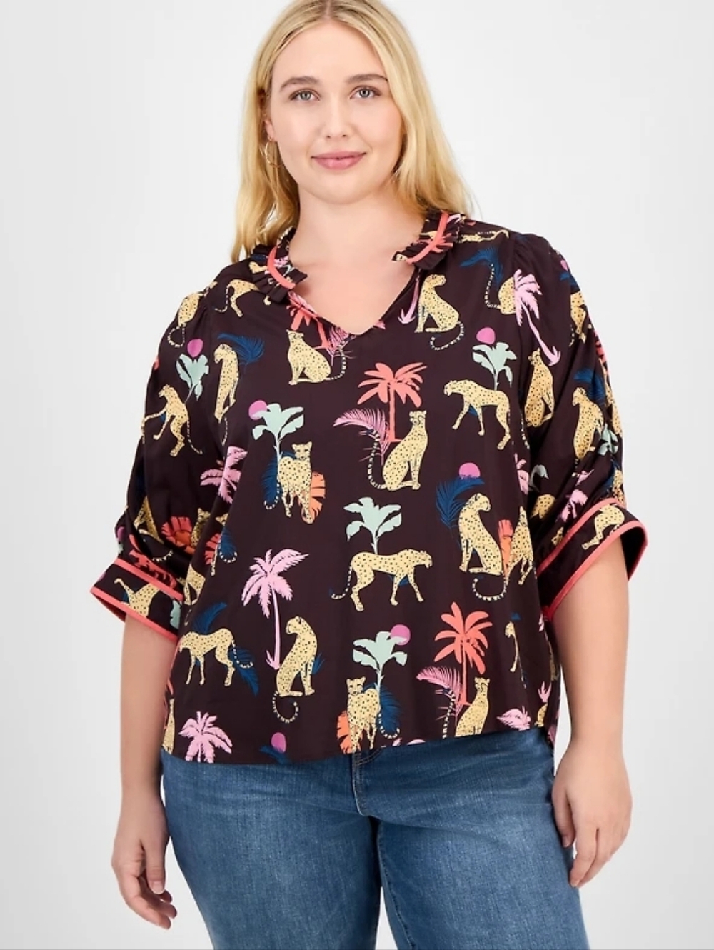 NWT Black V-Neck Top with Leopard & Tropical Print Size 1X